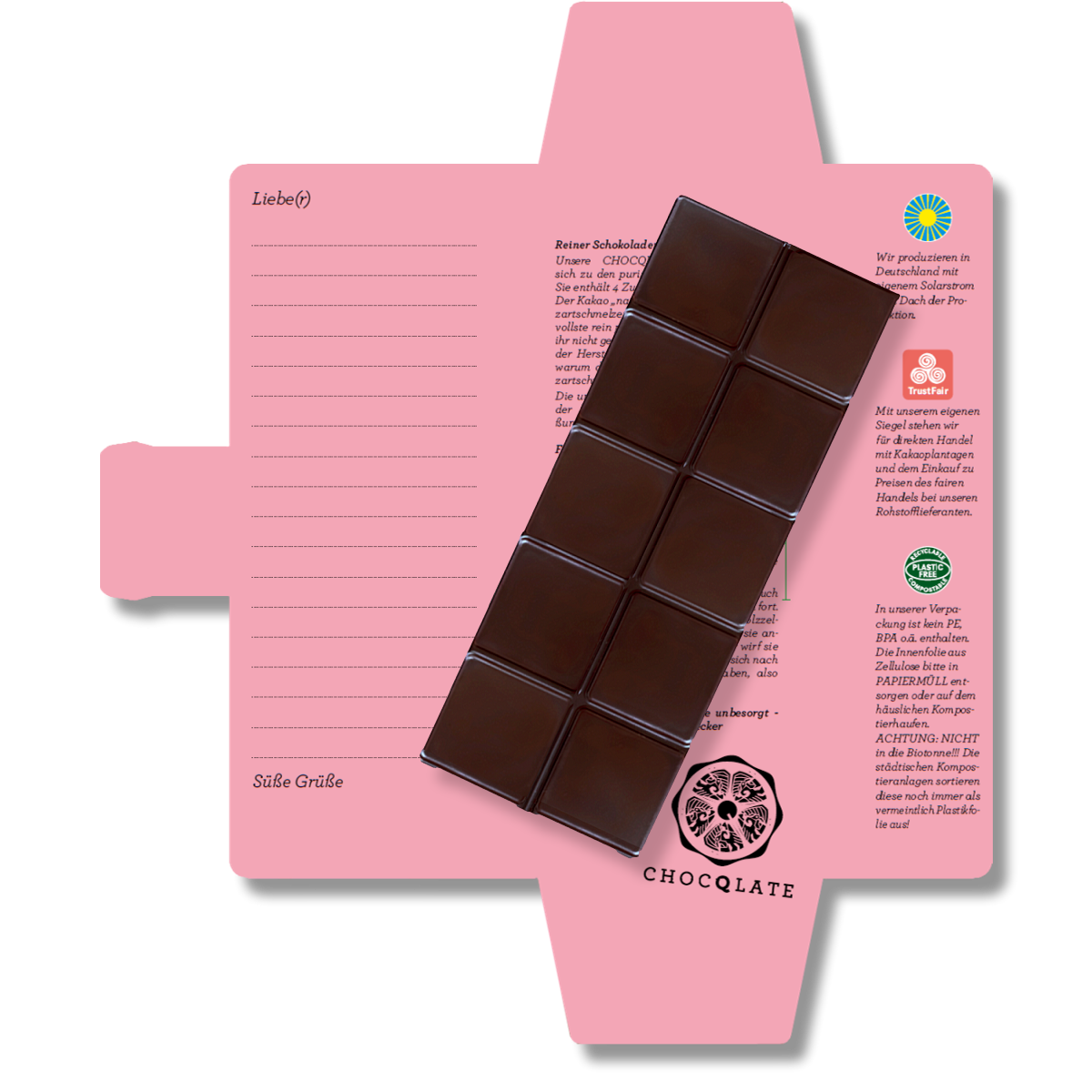 CHOCQLATE „Gönn Dir, was immer Dir gut tut!“ Schokolade 50 % mit Haselnussmus – Verpackung, Schokoladenstücke und Haselnüssen