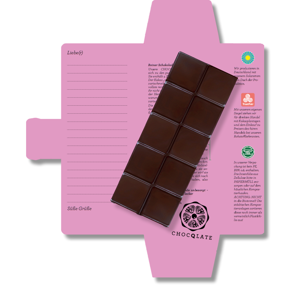 CHOCQLATE „Gänsehaut lügt nie“ Schokolade 50 % mit Haselnussmus – Verpackung, Schokoladenstücke und Haselnüssen