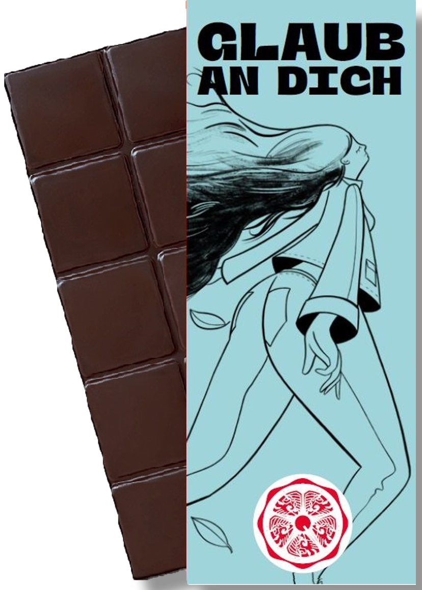 CHOCQLATE „Glaub an Dich“ Schokolade 50 % mit Haselnussmus – Verpackung und Schokolade mit Haselnüssen