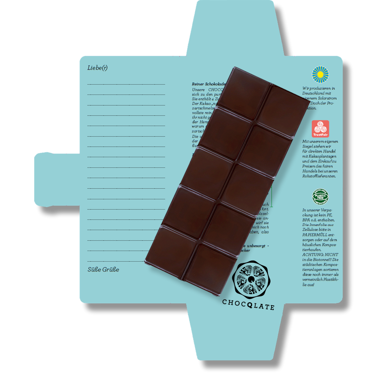 CHOCQLATE „Glaub an Dich“ Schokolade 50 % mit Haselnussmus – Verpackung, Schokoladenstücke und Haselnüssen