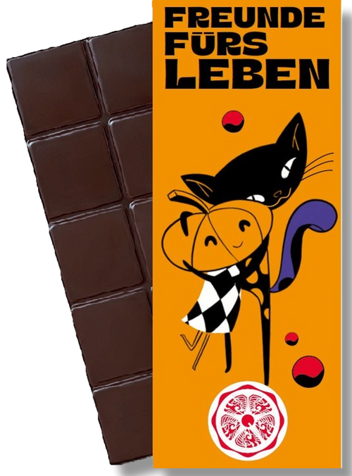 CHOCQLATE „Freunde fürs Leben“ Schokolade 50 % mit Haselnussmus – Verpackung und Schokolade mit Haselnüssen