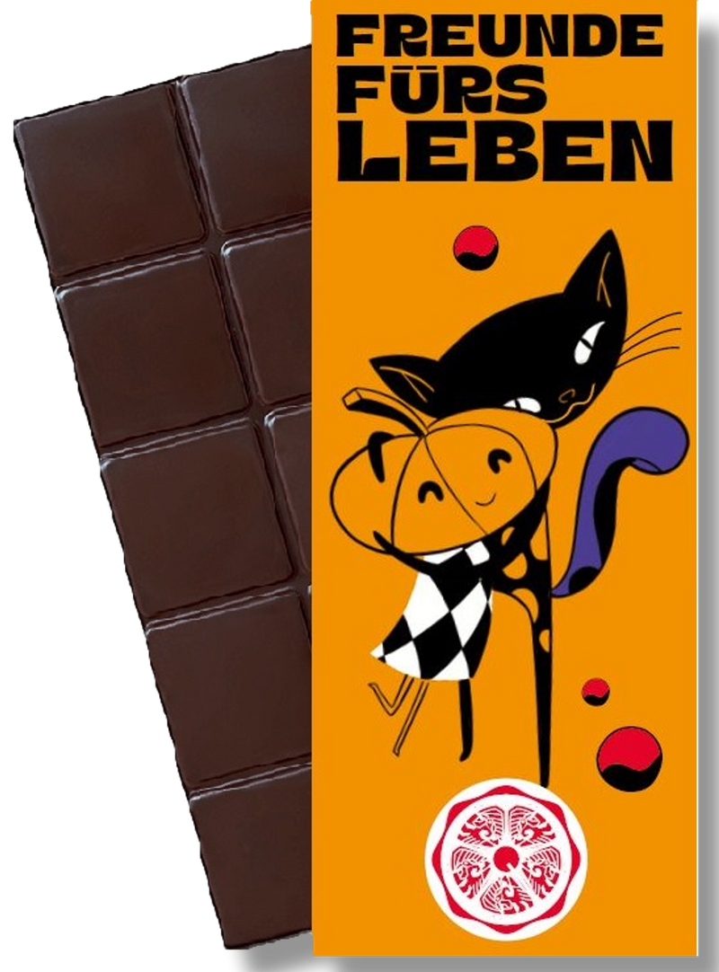 CHOCQLATE „Freunde fürs Leben“ Schokolade 50 % mit Haselnussmus – Verpackung und Schokolade mit Haselnüssen