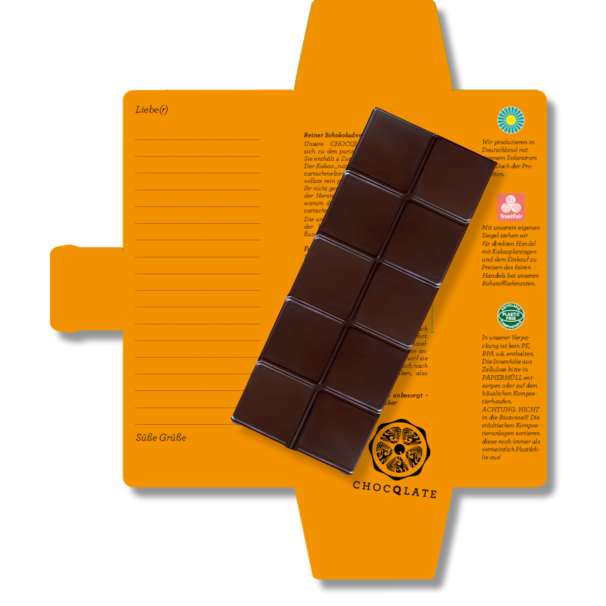 CHOCQLATE „Freunde fürs Leben“ Schokolade 50 % mit Haselnussmus – Verpackung, Schokoladenstücke und Haselnüssen