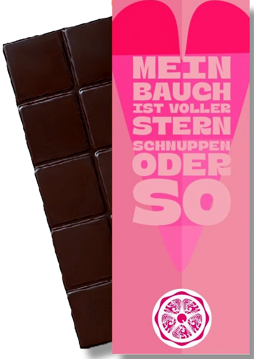 CHOCQLATE „Sternschnuppen“ Schokolade 50 % mit Haselnussmus – Verpackung und Schokolade mit Haselnüssen