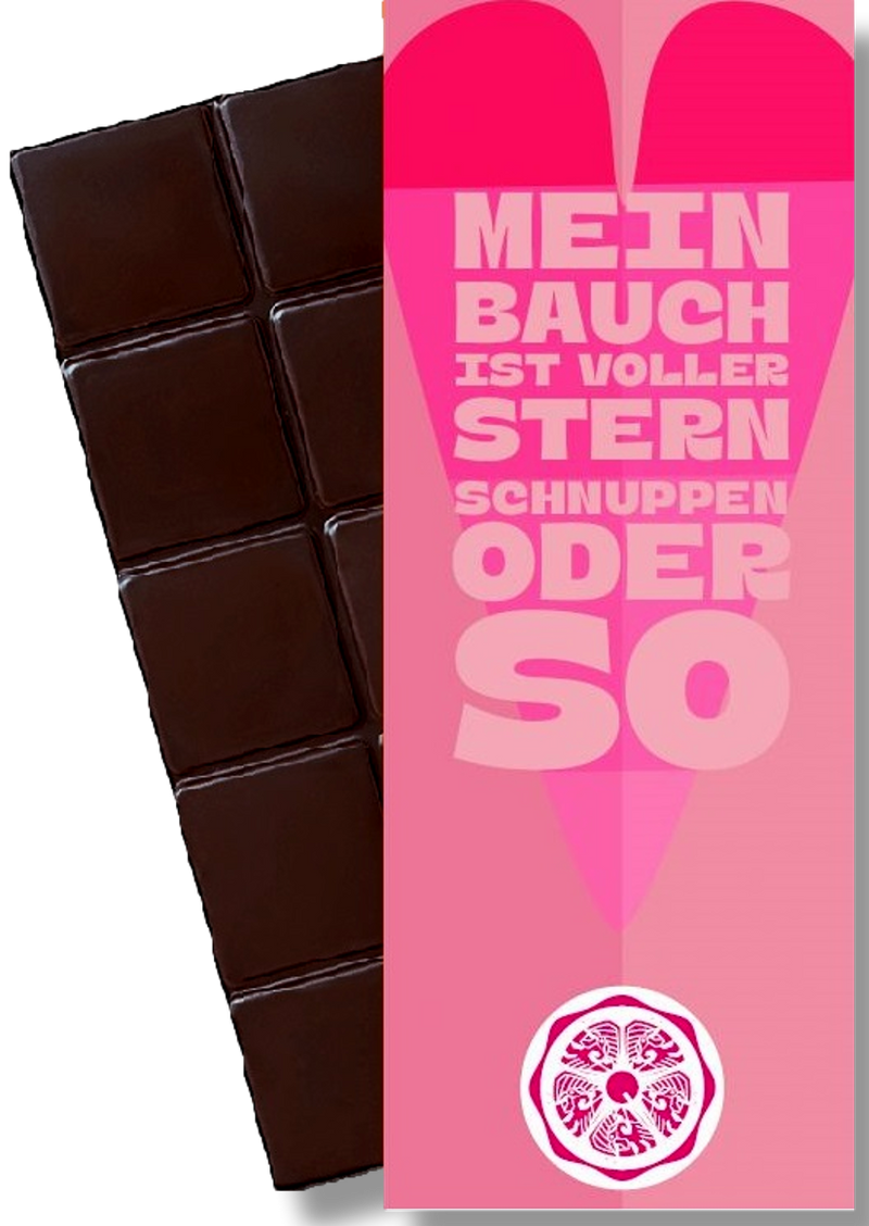 CHOCQLATE „Sternschnuppen“ Schokolade 50 % mit Haselnussmus – Verpackung und Schokolade mit Haselnüssen
