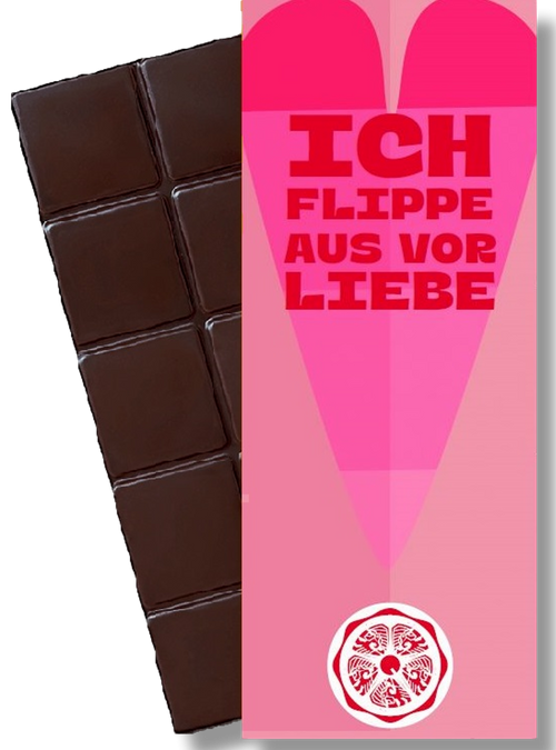 CHOCQLATE „Ich Flippe aus vor Liebe“ Schokolade 50 % mit Haselnussmus – Verpackung und Schokolade mit Haselnüssen