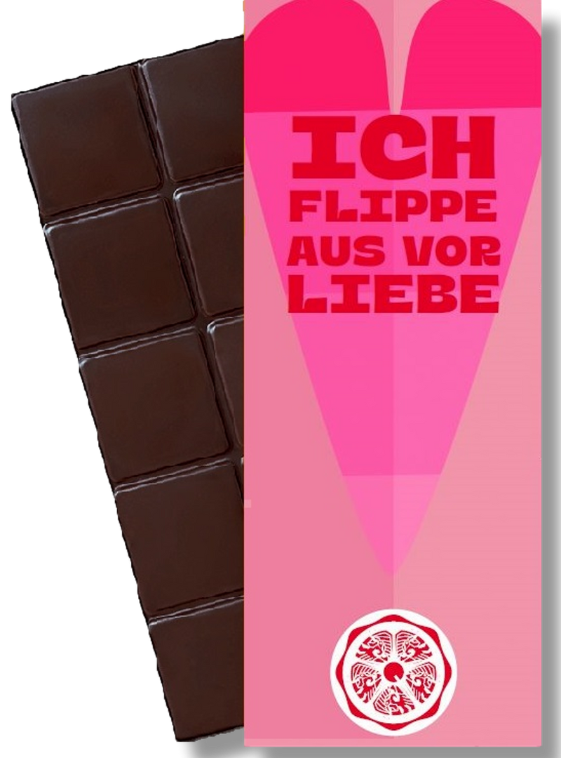 CHOCQLATE „Ich Flippe aus vor Liebe“ Schokolade 50 % mit Haselnussmus – Verpackung und Schokolade mit Haselnüssen