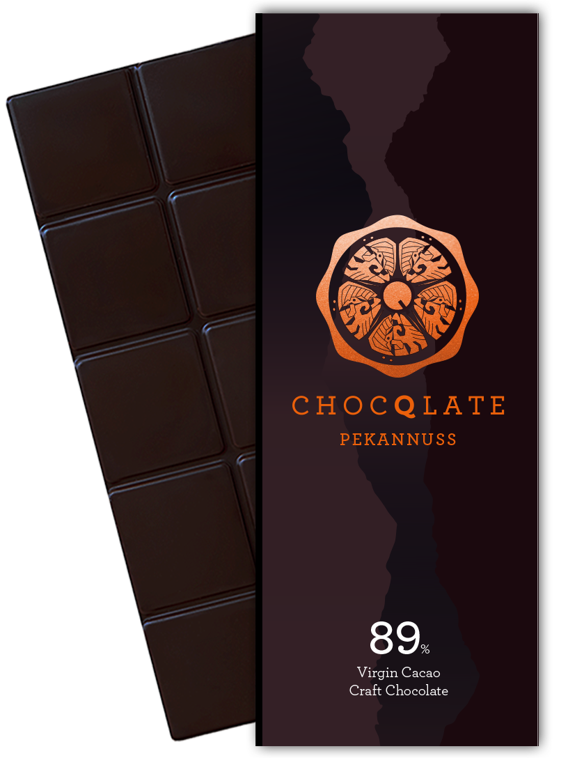 CHOCQLATE Pekannuss Bio Schokolade 89 % – Verpackung und dunkle Schokoladentafel
