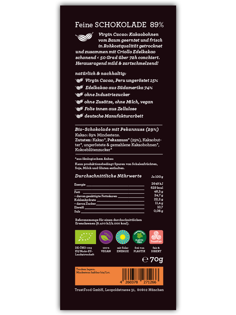 CHOCQLATE Pekannuss Bio Schokolade 89 % – Rückseite der Verpackung mit Zutaten- und Nährwertangaben