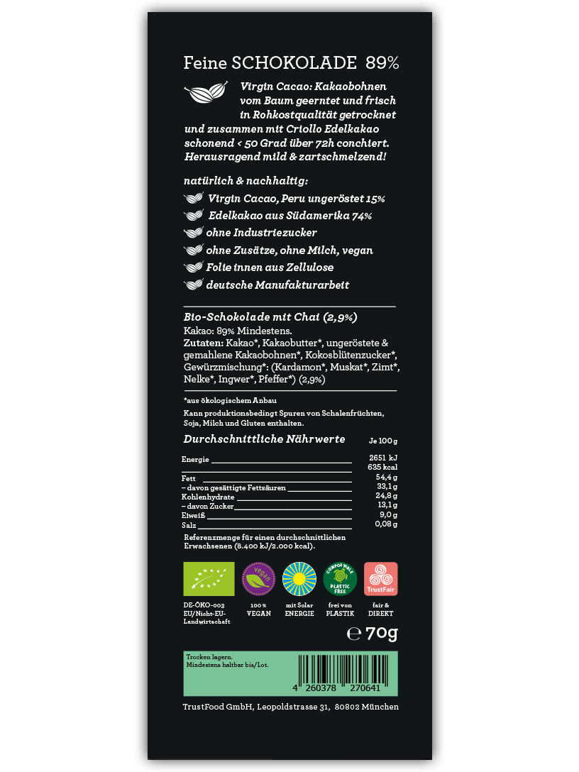 CHOCQLATE Chai Bio Schokolade 89 % – Rückseite der Verpackung mit Zutaten- und Nährwertangaben