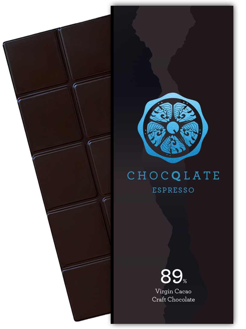 CHOCQLATE Espresso Bio Schokolade 89 % – Verpackung und dunkle Schokoladentafel