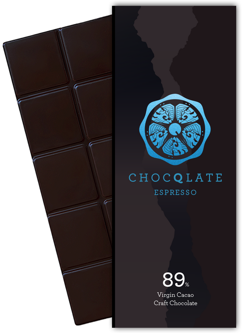 CHOCQLATE Espresso Bio Schokolade 89 % – Verpackung und dunkle Schokoladentafel