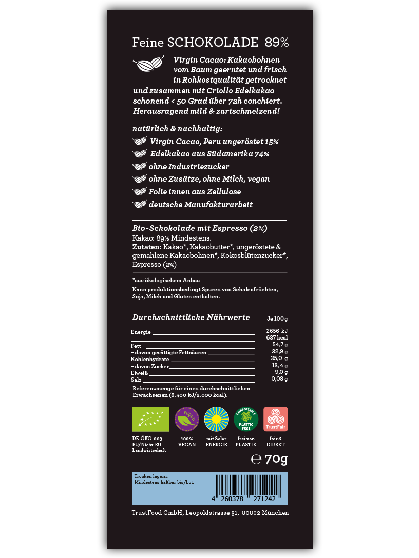 CHOCQLATE Espresso Bio Schokolade 89 % – Rückseite der Verpackung mit Zutaten- und Nährwertangaben