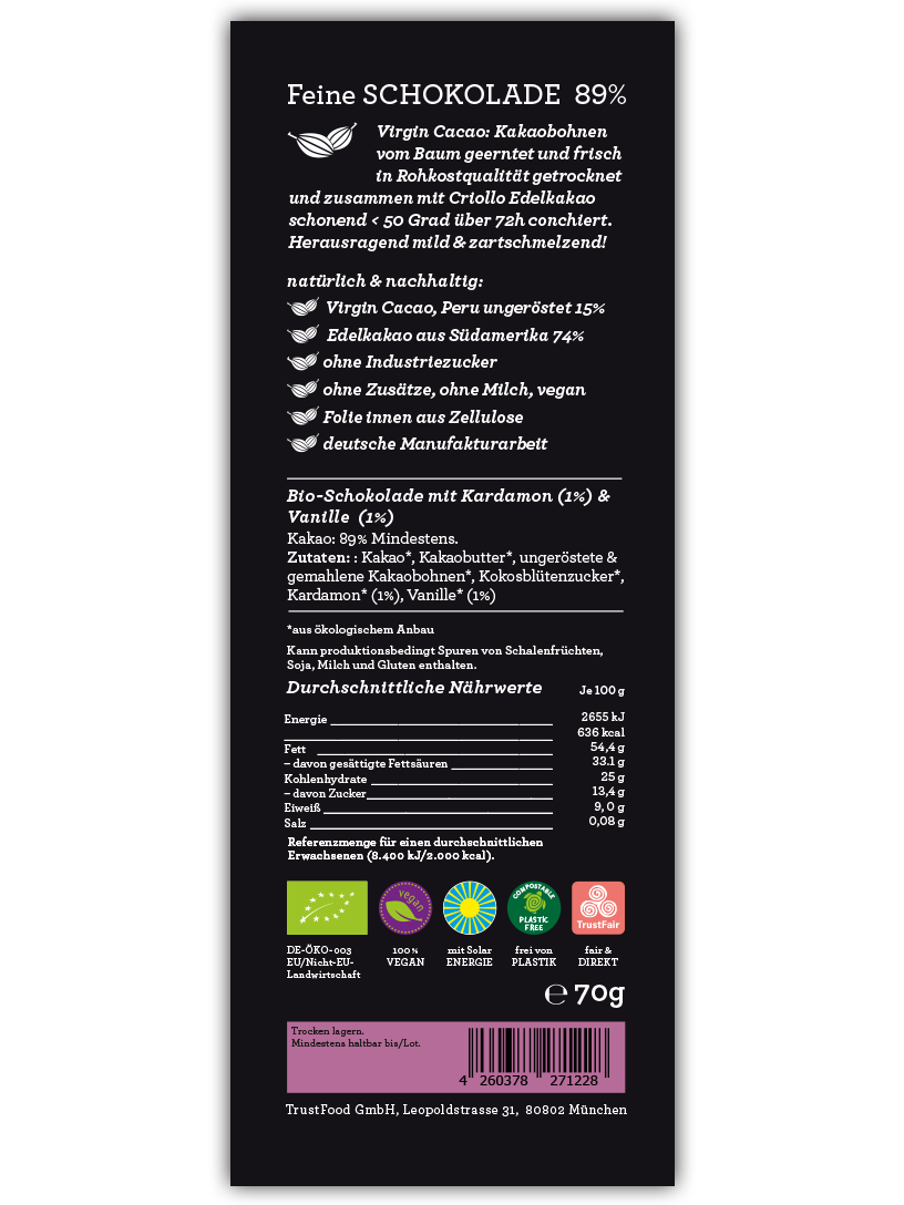 CHOCQLATE Kardamom & Vanille Bio Schokolade 89 % – Rückseite der Verpackung mit Zutaten- und Nährwertangaben