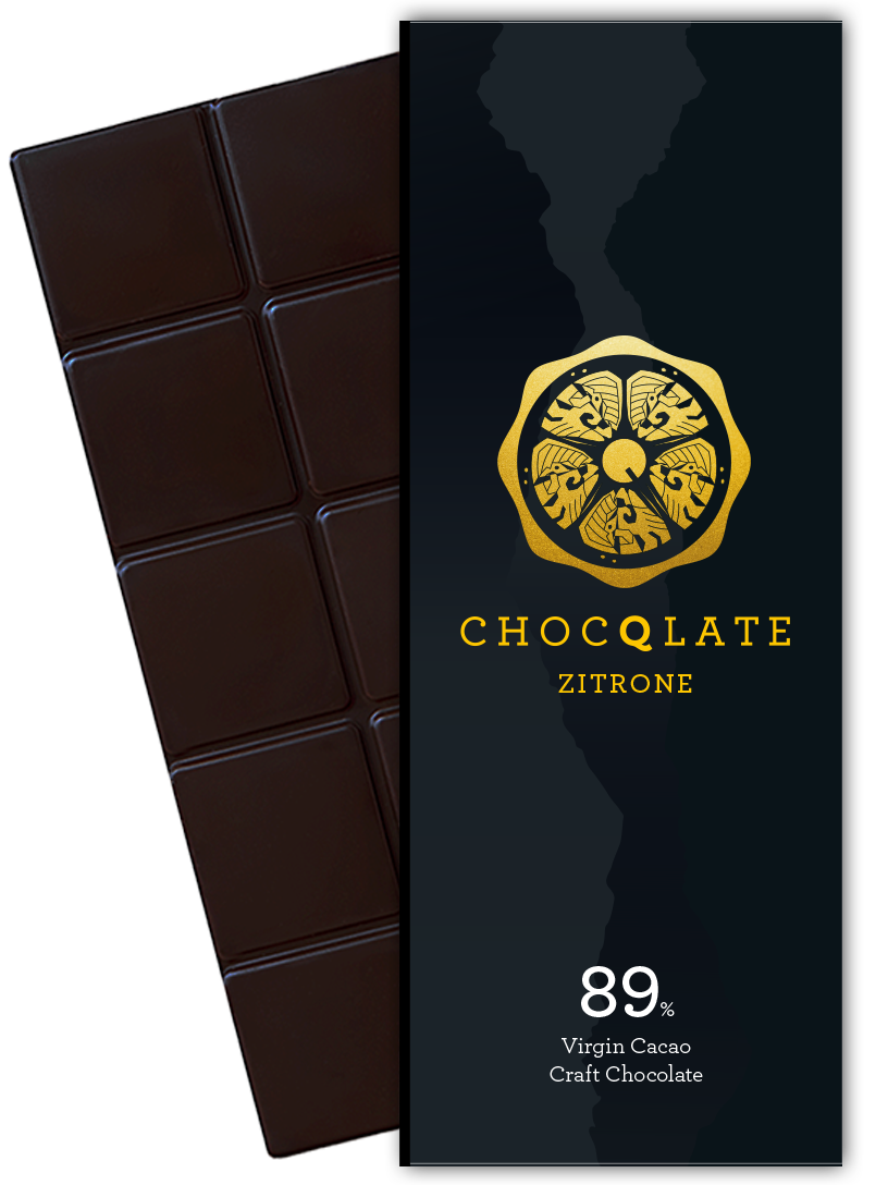 CHOCQLATE Zitrone Bio Schokolade 89 % – Verpackung und dunkle Schokoladentafel