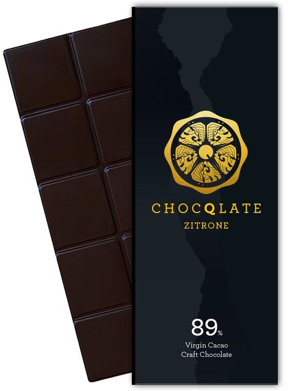 CHOCQLATE Zitrone Bio Schokolade 89 % – Verpackung und dunkle Schokoladentafel