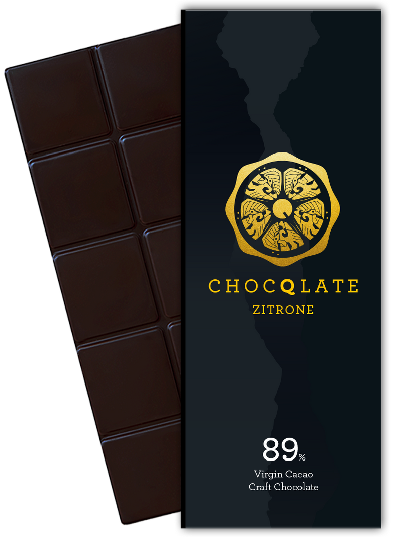 CHOCQLATE Zitrone Bio Schokolade 89 % – Verpackung und dunkle Schokoladentafel