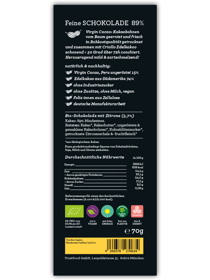 CHOCQLATE Zitrone Bio Schokolade 89 % – Rückseite der Verpackung mit Zutaten- und Nährwertangaben