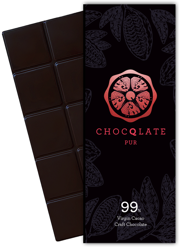 CHOCQLATE Pur Bio Schokolade 99 % – Verpackung und dunkle Schokoladentafel