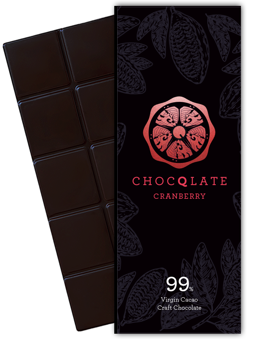 CHOCQLATE Cranberry Bio Schokolade 99 % – Verpackung und dunkle Schokoladentafel
