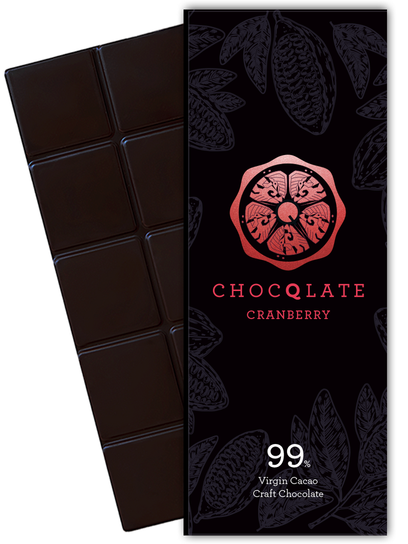 CHOCQLATE Cranberry Bio Schokolade 99 % – Verpackung und dunkle Schokoladentafel
