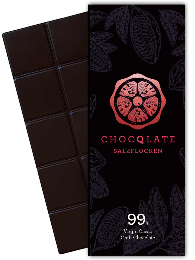 CHOCQLATE Fleur de Sel Bio Schokolade 99 % – Verpackung und dunkle Schokoladentafel