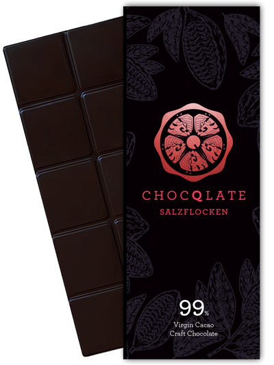 CHOCQLATE Fleur de Sel Bio Schokolade 99 % – Verpackung und dunkle Schokoladentafel