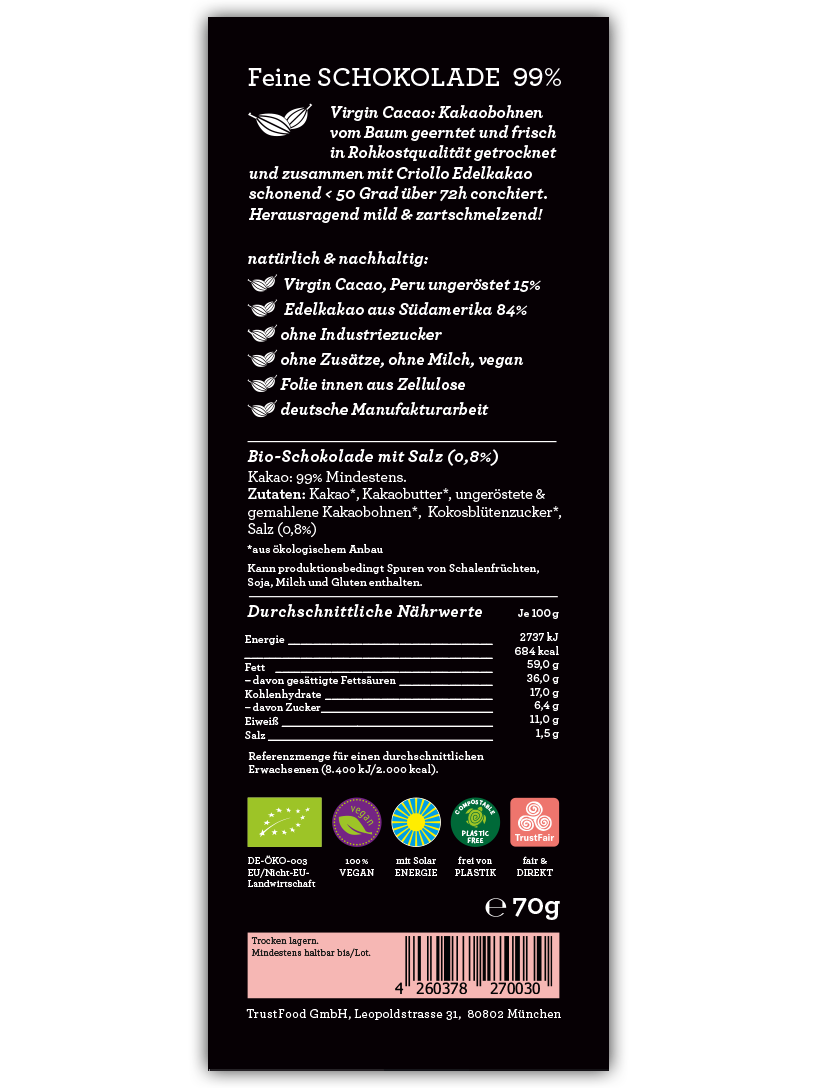 CHOCQLATE Fleur de Sel Bio Schokolade 99 % – Rückseite der Verpackung mit Zutaten- und Nährwertangaben