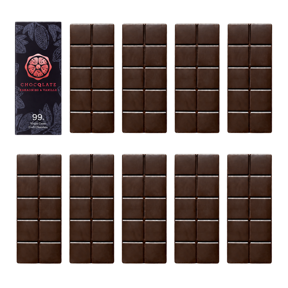 CHOCQLATE Refill Vanille Kakaonibs 99 % – 1 verpackte und 9 primärverpackte Tafeln
