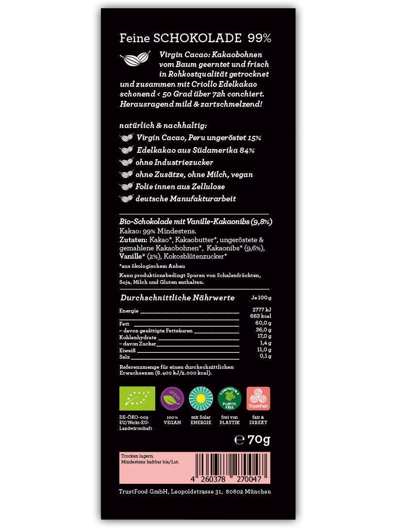 CHOCQLATE Bourbon Vanille-Kakaonibs Bio Schokolade 99 % – Rückseite der Verpackung mit Zutaten- und Nährwertangaben