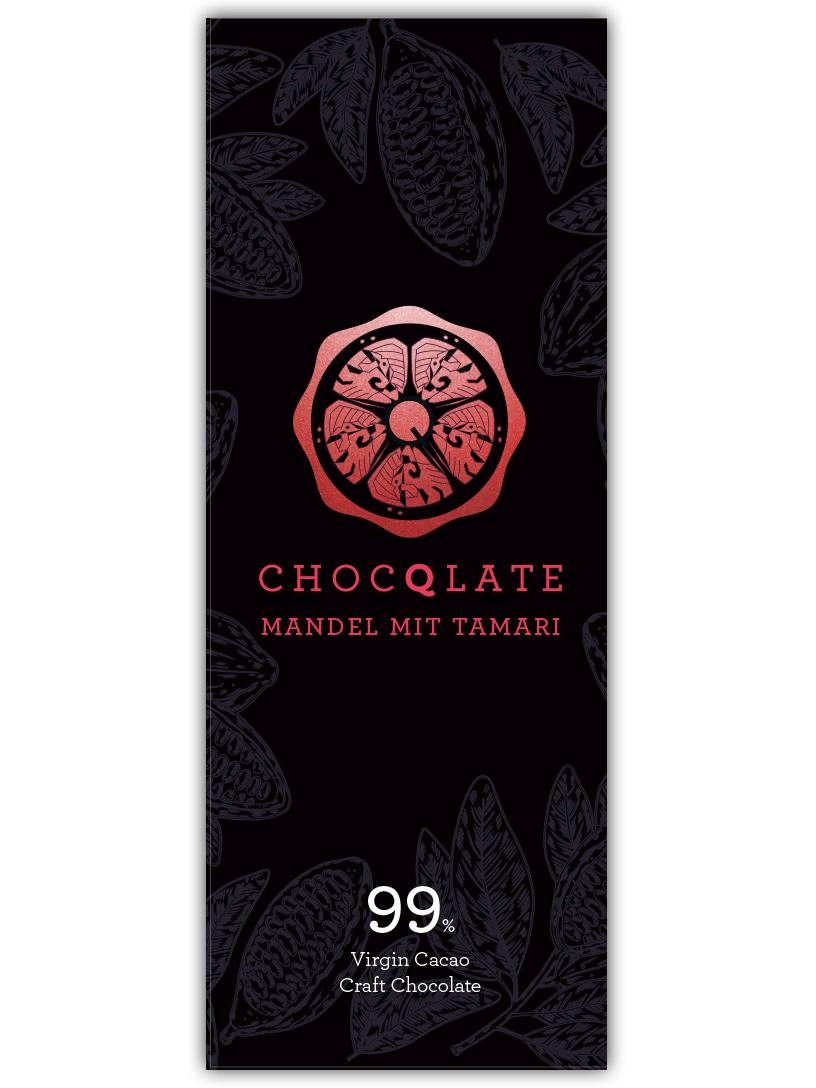 CHOCQLATE Mandeln mit Tamari veredelt Bio Schokolade 99 % – Vorderseite der Verpackung