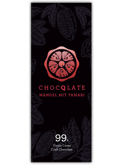 CHOCQLATE Mandeln mit Tamari veredelt Bio Schokolade 99 % – Vorderseite der Verpackung