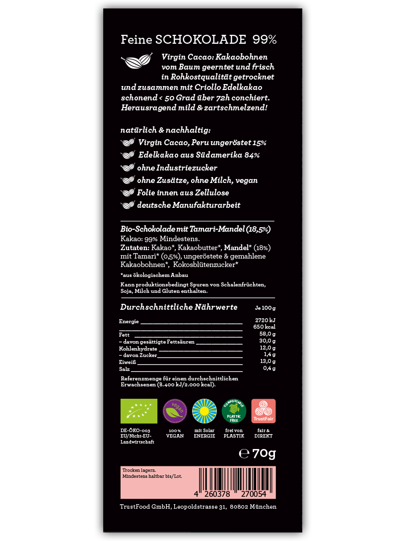 CHOCQLATE Mandeln mit Tamari veredelt Bio Schokolade 99 % – Rückseite der Verpackung mit Zutaten- und Nährwertangaben