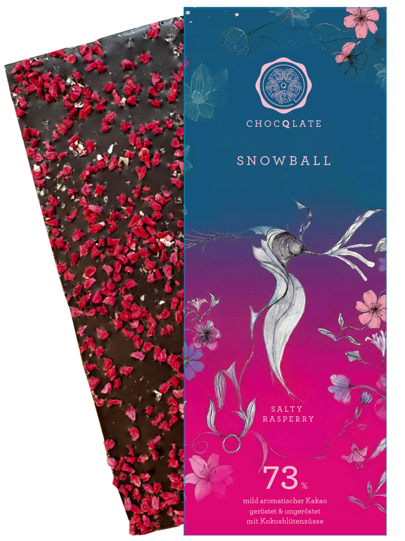 CHOCQLATE Himbeere & Salz Bio Schokolade 73 % – Verpackung und Schokolade mit Himbeeren und Salz