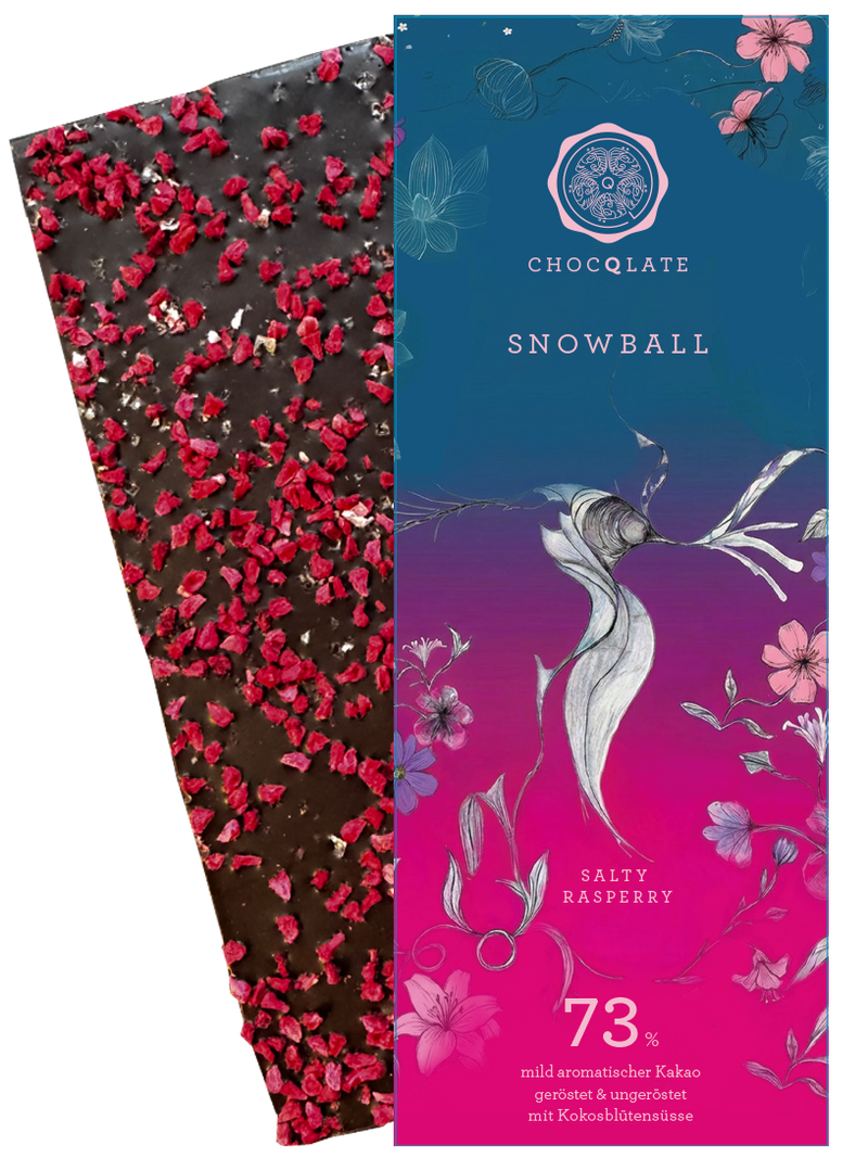 CHOCQLATE Himbeere & Salz Bio Schokolade 73 % – Verpackung und Schokolade mit Himbeeren und Salz