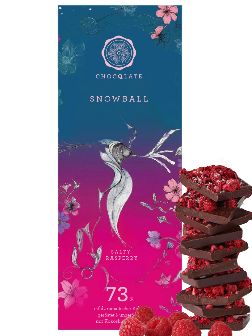 CHOCQLATE Himbeere & Salz Bio Schokolade 73 % – Verpackung, Schokoladenstücke und Himbeeren und Salz