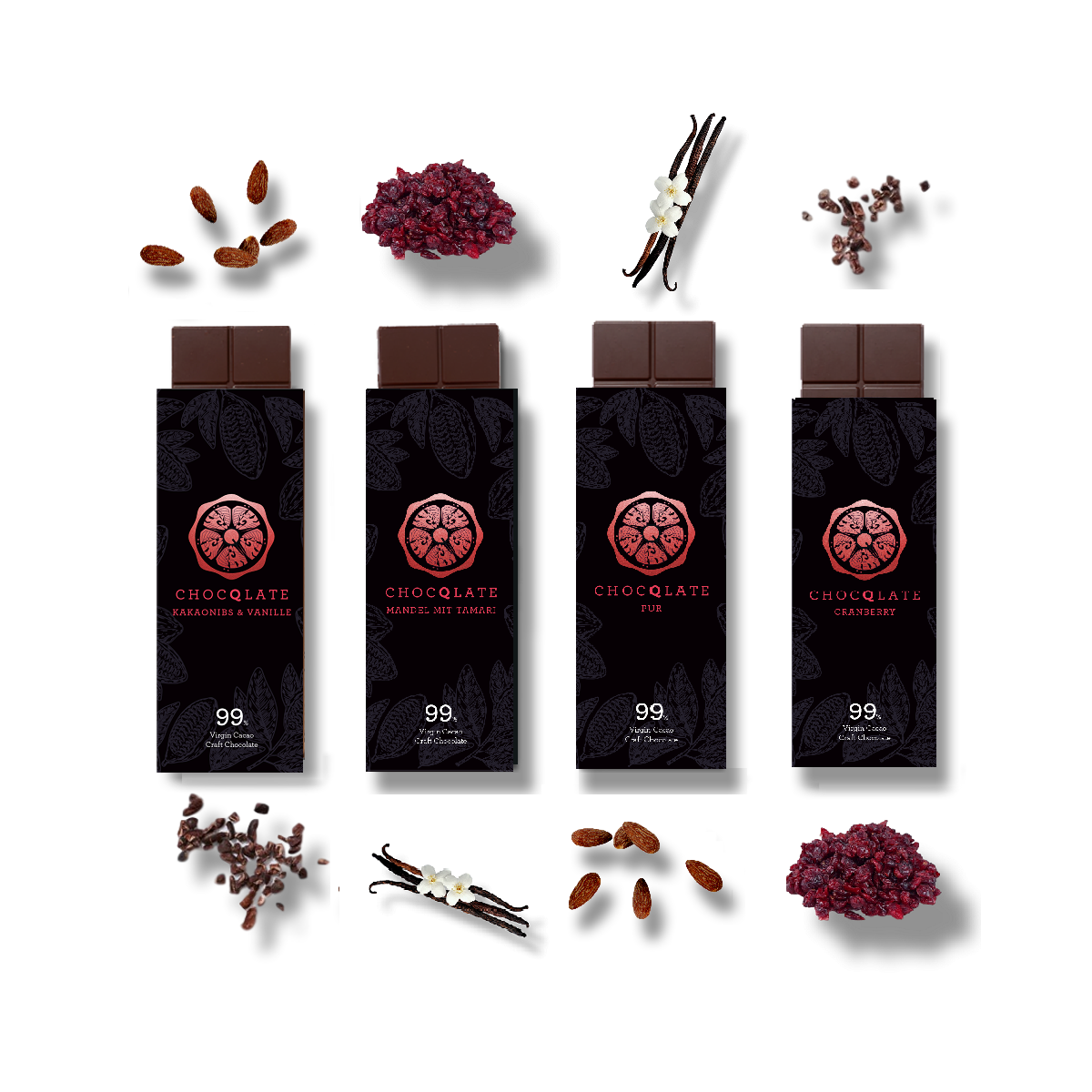 Wilde Milde Box - 99% Cranberry, Kakaonibs-Vanille, Pur, Mandel-Tamari